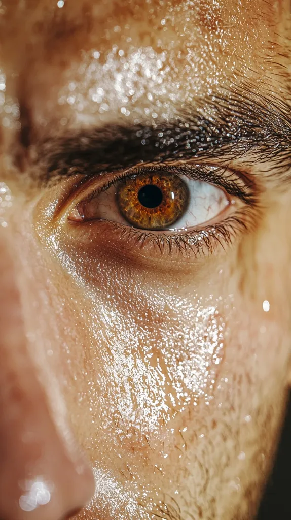 Close-up of a man's eye and face, glistening with sweat.  His brow is furrowed, and his gaze is intense. The image focuses on the detail of the sweat droplets on his skin, highlighting the texture and highlighting his focused expression. The warm tones of his skin and the amber color of his iris are prominent.