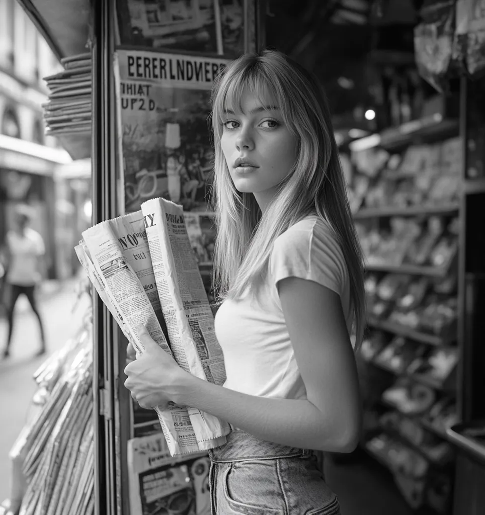 A young woman with long blonde hair and bangs stands in a black and white photo, holding several newspapers at a newsstand. She's wearing a simple white t-shirt and jeans, her gaze directed slightly away from the camera.  The background is blurred, showing stacks of newspapers and the street beyond. The overall mood is serene and slightly melancholic.