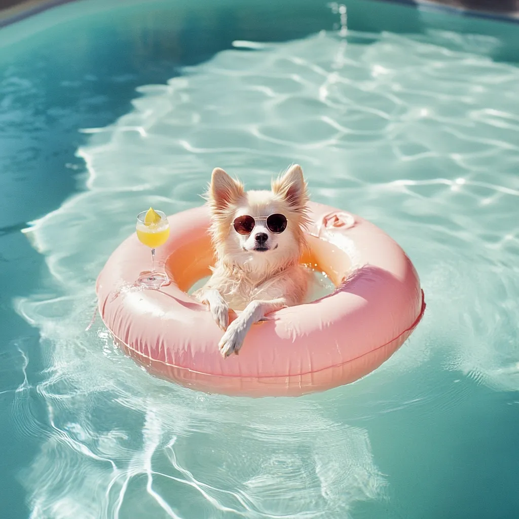 A long-haired white dog, wearing sunglasses, floats serenely in a pastel pink inflatable ring in a swimming pool.  A cocktail glass with a lemon garnish rests beside it. The dog appears relaxed and enjoys the cool water. The scene is bright and sunny, depicting a playful summer vibe.