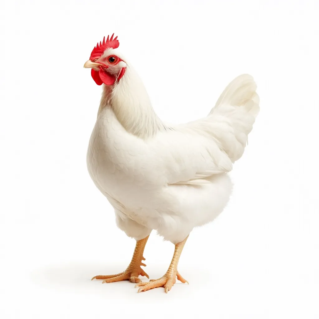 A pristine white hen stands against a stark white background.  Its plumage is flawlessly white, contrasting with its bright red comb and wattle. The hen is positioned slightly angled, showcasing its full body.  Its yellow legs are clearly visible, and its overall posture suggests alertness and composure. The image is clean and well-lit, emphasizing the bird's details.