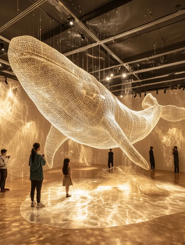 A large-scale art installation features a luminous whale sculpture suspended from the ceiling.  The whale, crafted from a delicate, light-emitting mesh, casts warm, ethereal shadows across the gallery floor.  Several visitors stand observing the artwork, their silhouettes subtly highlighted by the sculpture's glow. The overall effect is serene and awe-inspiring, creating a magical atmosphere within the exhibition space.