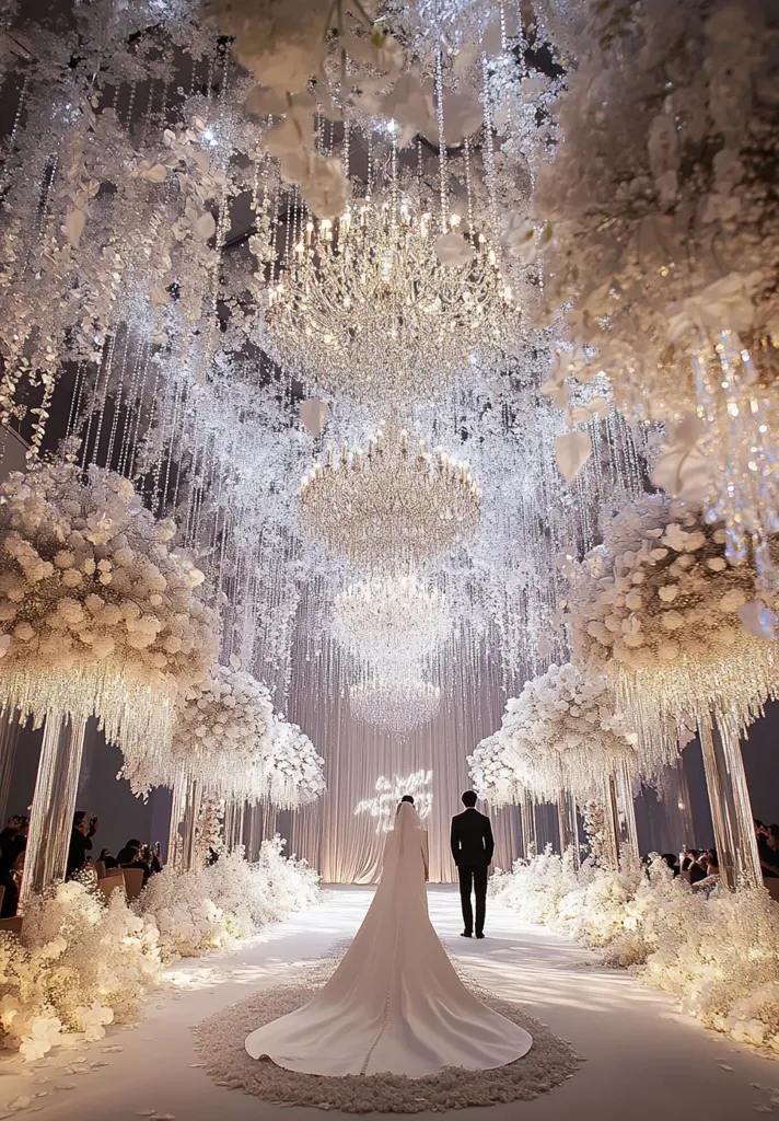 A breathtaking wedding ceremony unfolds under a magnificent ceiling adorned with cascading crystal strands and dazzling chandeliers.  The aisle is lined with towering floral arrangements in shades of white and ivory, creating a magical winter wonderland ambiance. A bride in a flowing gown walks towards her groom, creating a picture of elegance and romance. The overall scene is opulent and luxurious, a dreamlike setting for a special day.