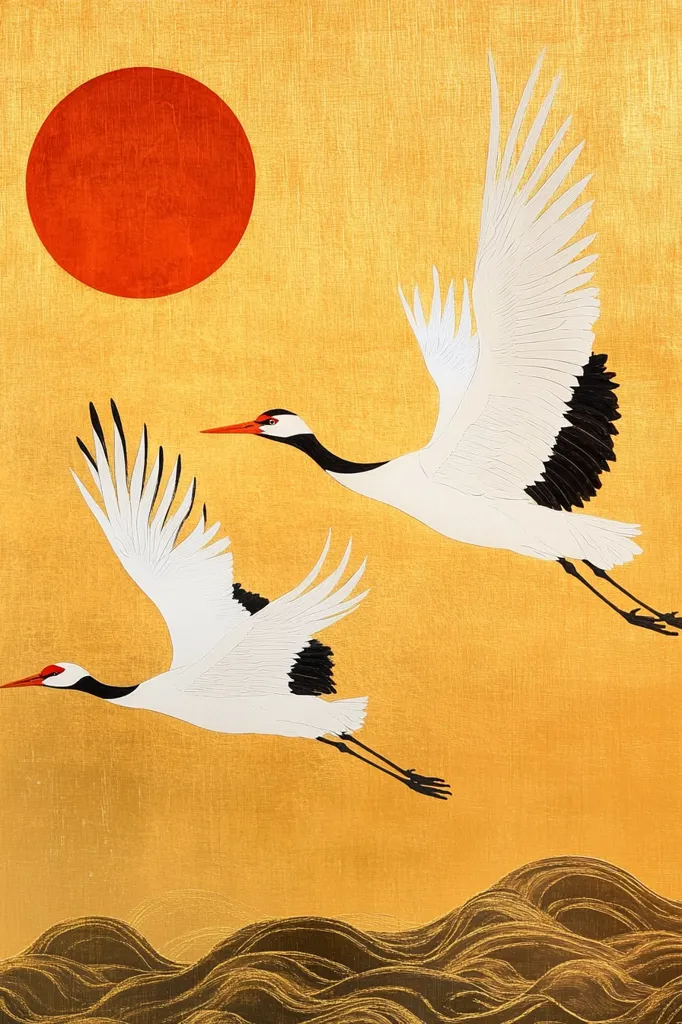 Two elegant white cranes with black wingtips soar gracefully against a warm gold backdrop.  A large, vibrant red sun dominates the upper left, casting a golden glow. The cranes fly over stylized dark waves at the bottom, creating a serene and balanced composition reminiscent of traditional Japanese art. The image evokes a sense of peace and tranquility.