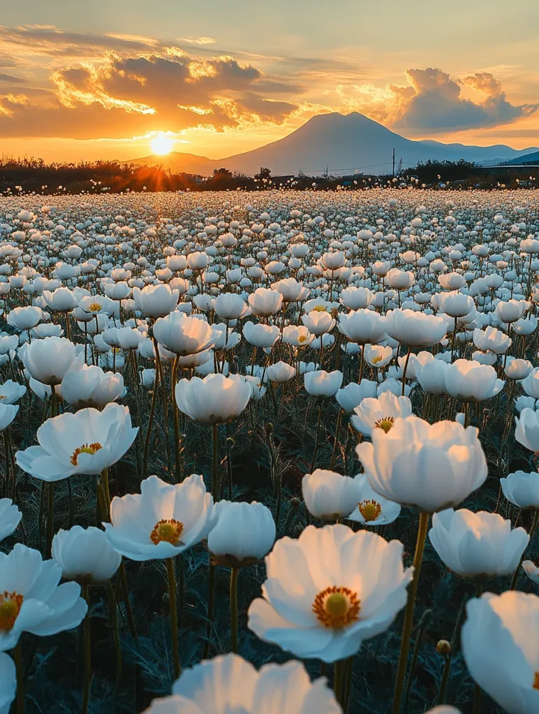 A breathtaking sunset casts a warm glow over a vast field of delicate white flowers.  The blossoms stretch to the horizon, meeting a silhouetted mountain in the distance.  The scene is serene and peaceful, a picturesque landscape bathed in the soft light of the setting sun.