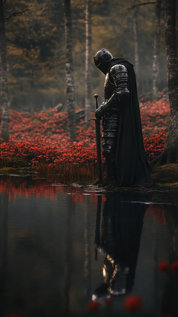 A lone knight in full black armor and cloak stands by a tranquil pond, his sword planted in the ground.  Red flowers bloom around the water's edge, creating a stark contrast against the dark knight and the forest behind him. The knight's reflection is mirrored in the still water, adding to the serene yet melancholic atmosphere. The scene is evocative of a solitary figure in contemplation.