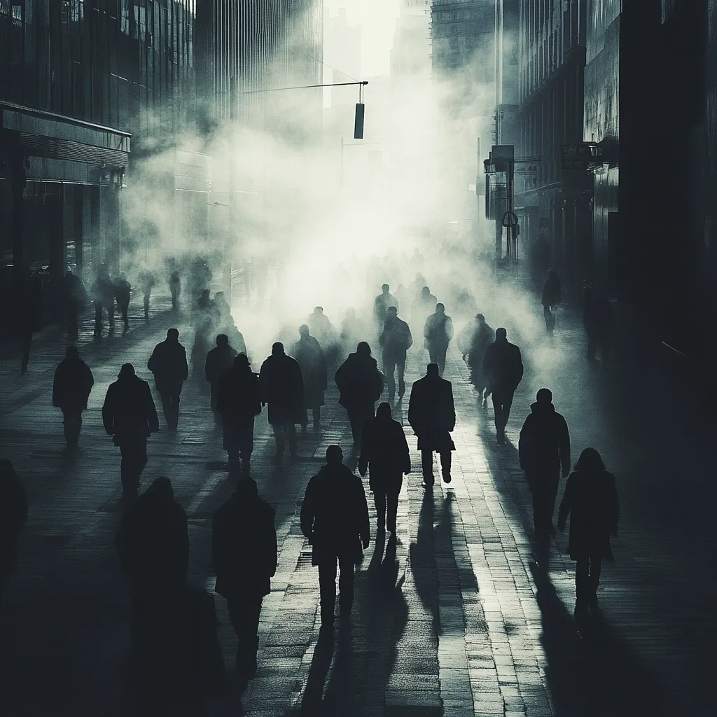 A dense fog blankets a city street, obscuring the towering buildings on either side.  A multitude of figures, silhouetted against the ethereal light, move along the path, their individual identities lost in the misty anonymity.  The scene evokes a sense of urban isolation and mystery, the fog creating a barrier between the observer and the crowd. Long shadows stretch across the pavement, adding to the somber atmosphere.