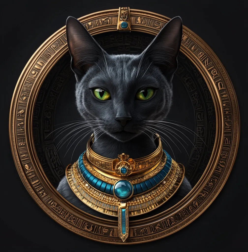 A regal black cat, with piercing green eyes, is depicted in a digital portrait.  It wears an ornate gold and turquoise collar reminiscent of ancient Egyptian jewelry, complete with hieroglyphs etched into the frame. The cat's expression is serious and dignified, suggesting power and mystery. The artwork is detailed and highly realistic, evoking a sense of ancient majesty.