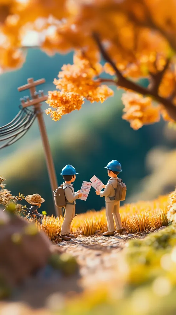 Two miniature figures, dressed as surveyors or workers, stand on a path amidst a miniature landscape.  They hold papers, possibly maps or plans.  A small figure sits in the background, and the setting includes a power line pole and autumnal foliage. The scene is highly detailed, creating a whimsical and charming diorama.  Warm sunlight bathes the scene.
