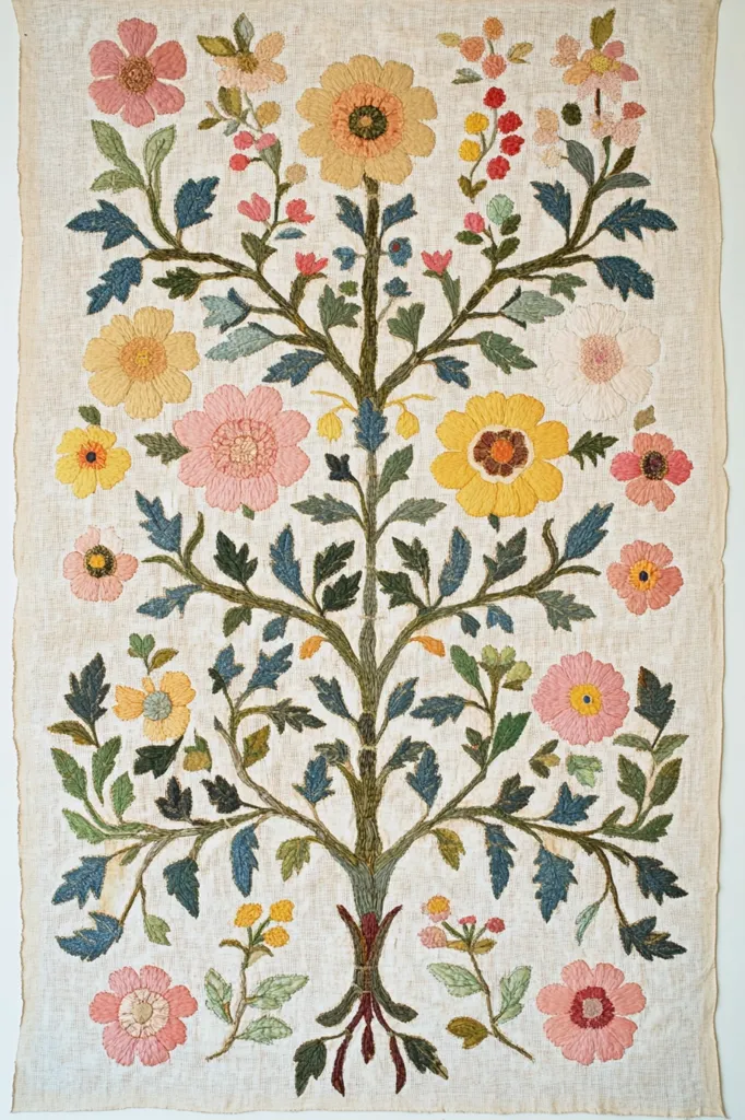 A textile artwork depicting a stylized tree of life embroidered on off-white linen. The tree is adorned with a variety of colorful flowers in shades of pink, yellow, and orange, meticulously stitched with different embroidery techniques.  The leaves are rendered in shades of green and blue, adding depth and texture to the design. The overall style suggests a traditional or folk art aesthetic.