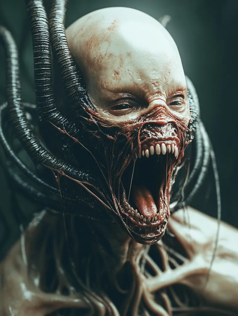 A terrifying creature, seemingly humanoid yet grotesquely mutated, dominates the image.  Its bald head is pale and scarred, its mouth a gaping maw revealing sharp teeth and a fleshy, red interior.  Dark, organic tubes or tendrils intertwine around its head and neck, adding to its disturbing appearance. The creature's expression is one of ferocious rage or agony, its open mouth suggesting a scream. The overall aesthetic is dark and unsettling, suggestive of horror or science fiction.