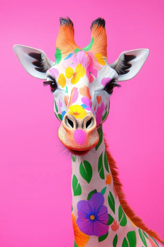 A close-up shot of a giraffe's head and neck, artistically painted with vibrant flowers and leaves against a bright pink background.  The giraffe's expression is gentle and curious. The colors are bold and cheerful, creating a whimsical and eye-catching image. The detailed rendering gives the artwork a lifelike quality, blending the animal with the floral design seamlessly.