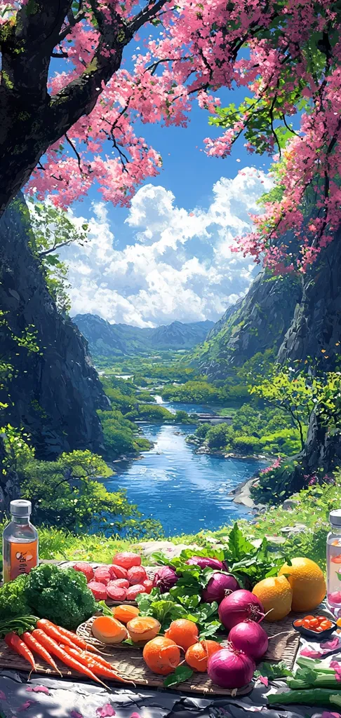 A picturesque scene unfolds: a vibrant river winds through a lush valley, nestled between majestic mountains.  Above, a cherry blossom tree in full bloom casts a delicate shadow. A picnic blanket displays an array of fresh produce—carrots, oranges, mandarins, and onions—suggesting a tranquil and idyllic moment in nature.  The overall feel is serene and dreamlike, capturing the beauty of a pristine natural landscape.