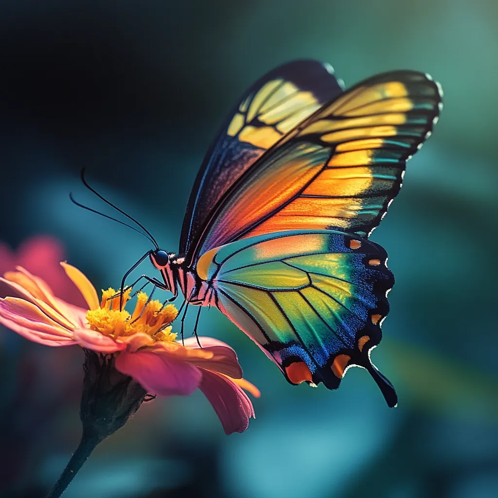 A vibrant butterfly, with wings displaying iridescent hues of orange, yellow, green, and blue, delicately feeds on a pink flower.  The butterfly's intricate details and the soft, blurred background create a stunning contrast, highlighting the beauty of nature's artistry. The scene evokes a sense of tranquility and wonder.