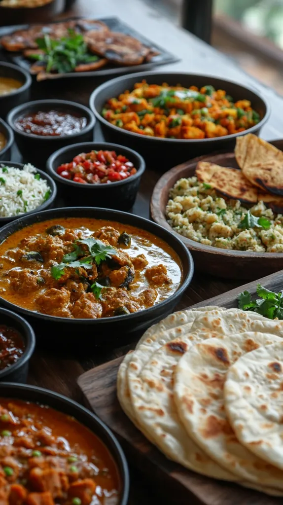 A table laden with a diverse Indian feast.  Dishes include creamy curries, flavorful vegetable preparations, fluffy rice, and assorted chutneys.  Flatbreads, perfectly cooked, are stacked alongside. The rich colors and textures suggest a delicious and aromatic culinary experience. The setting appears warm and inviting, possibly a restaurant or home dining scene.