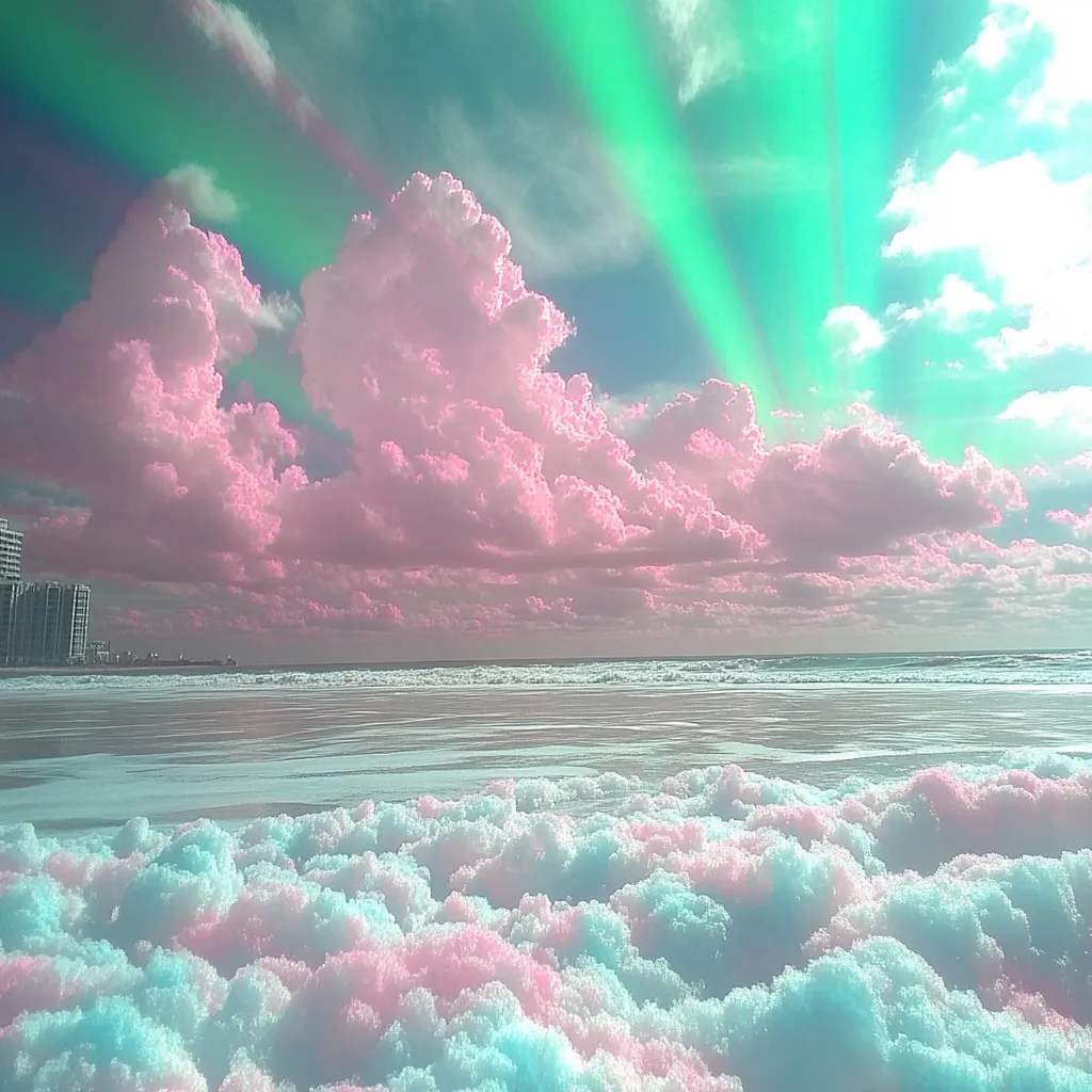 A dreamy, surreal seascape unfolds.  Pastel pink and blue clouds dominate the sky, punctuated by vibrant green streaks resembling a celestial aurora.  The ocean is calm, its waves gently lapping a shore seemingly covered in fluffy, cotton-candy-like formations.  A distant cityscape is barely visible on the horizon, adding a touch of reality to the fantastical scene.