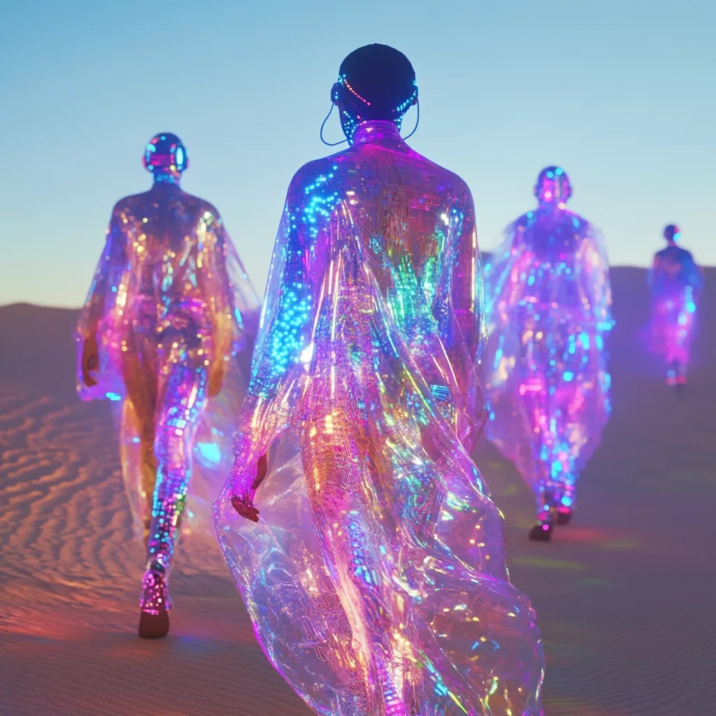 Figures in translucent, iridescent cloaks illuminated with vibrant LED lights walk across a desert landscape at twilight. The cloaks shimmer with blues, pinks, and purples, creating a futuristic and ethereal scene.  The figures appear almost otherworldly, their forms partly obscured by the glowing fabric. The overall effect is one of surreal beauty and technological wonder.