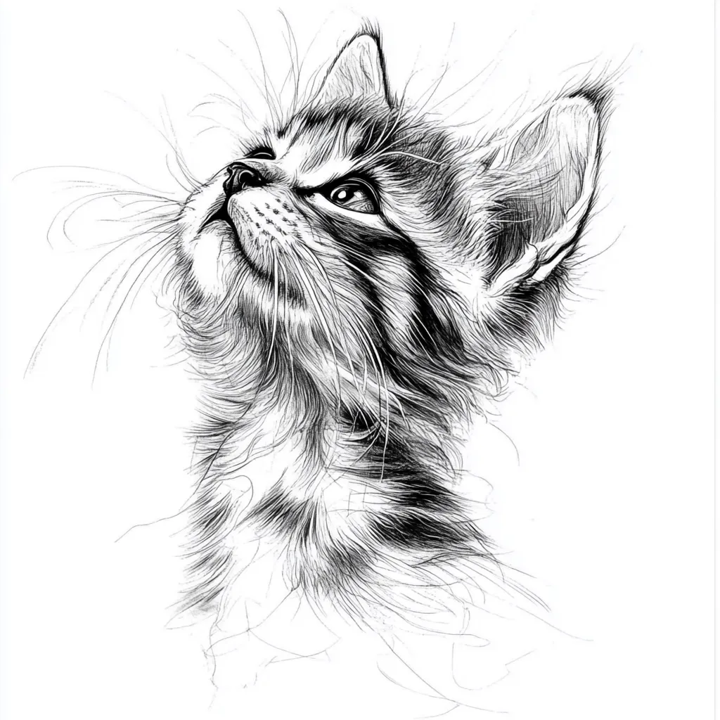A detailed black and white pen-and-ink drawing depicts a kitten looking upwards.  Its fur is meticulously rendered, showing individual hairs and texture. The kitten's expression is one of gentle curiosity, its whiskers extending outward. The style is realistic, capturing the softness and elegance of a young cat. The background is plain white, emphasizing the subject.