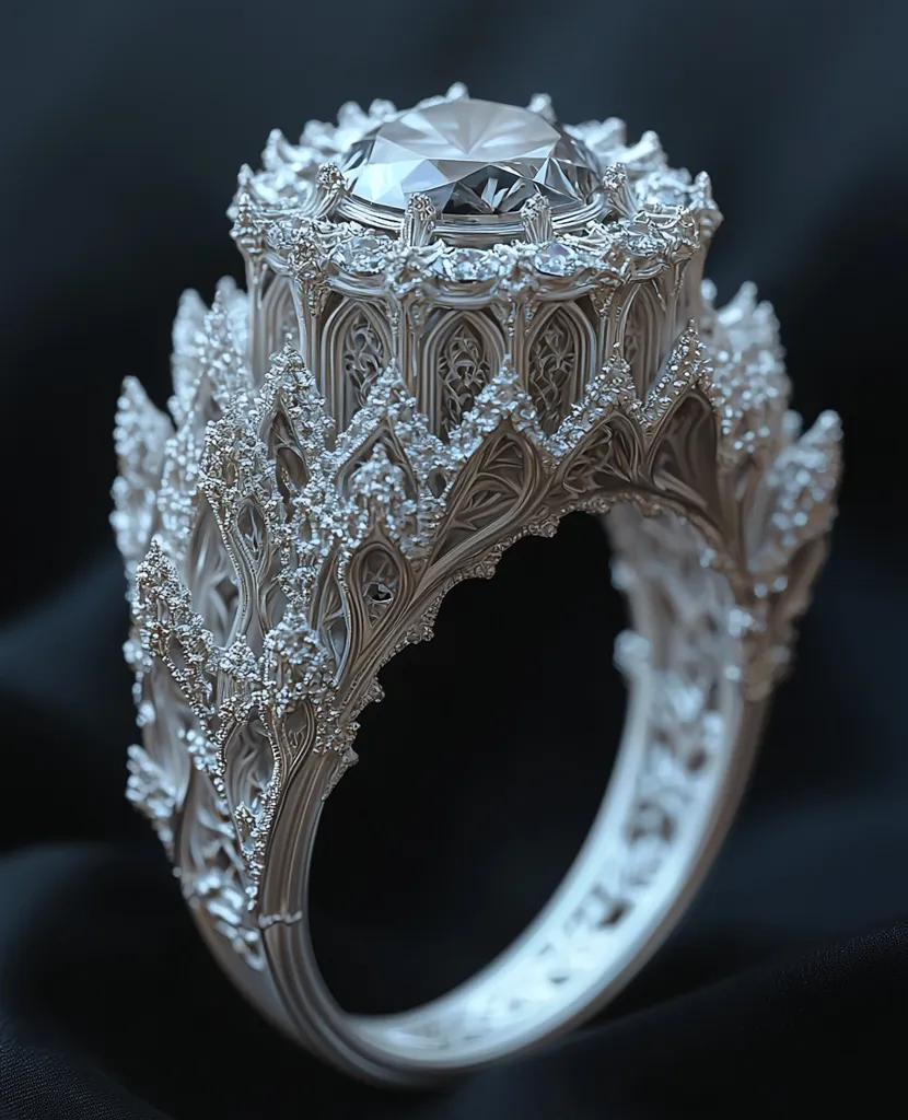 A stunning silver ring features an intricate, Gothic-inspired design.  A large, brilliant-cut diamond is set within a detailed, architectural crown.  The band itself is adorned with elaborate, filigree-like detailing, creating a breathtakingly ornate and majestic piece of jewelry.  The dark background enhances the ring's intricate beauty and sparkle.