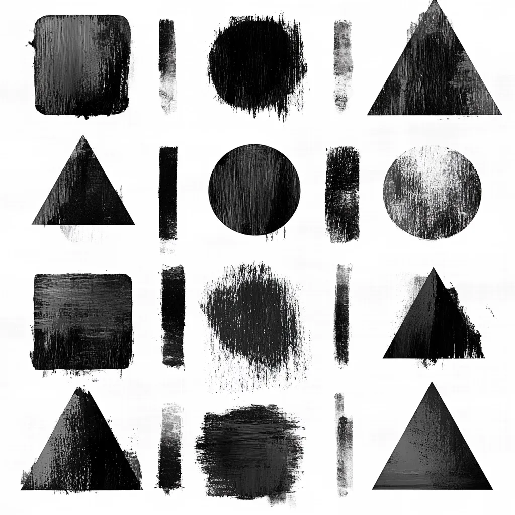 A grid showcases various black paint strokes forming geometric shapes.  Squares, circles, and triangles are depicted, each with a textured, roughly painted appearance.  Vertical rectangular strokes are interspersed between the shapes. The background is white, creating a stark contrast with the dark, expressive brushwork.  The overall effect is a collection of abstract, artistic elements.