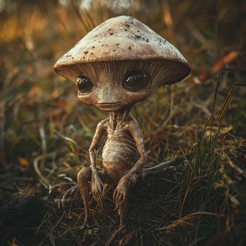 A whimsical digital rendering depicts a small, humanoid creature resembling an alien.  Its skin is textured and earthy-toned, and it sits serenely amidst autumnal grasses.  The creature's head is topped with a mushroom-like cap, blending seamlessly with its body.  The overall aesthetic is fantastical and slightly melancholic, evoking a sense of mystery and wonder.