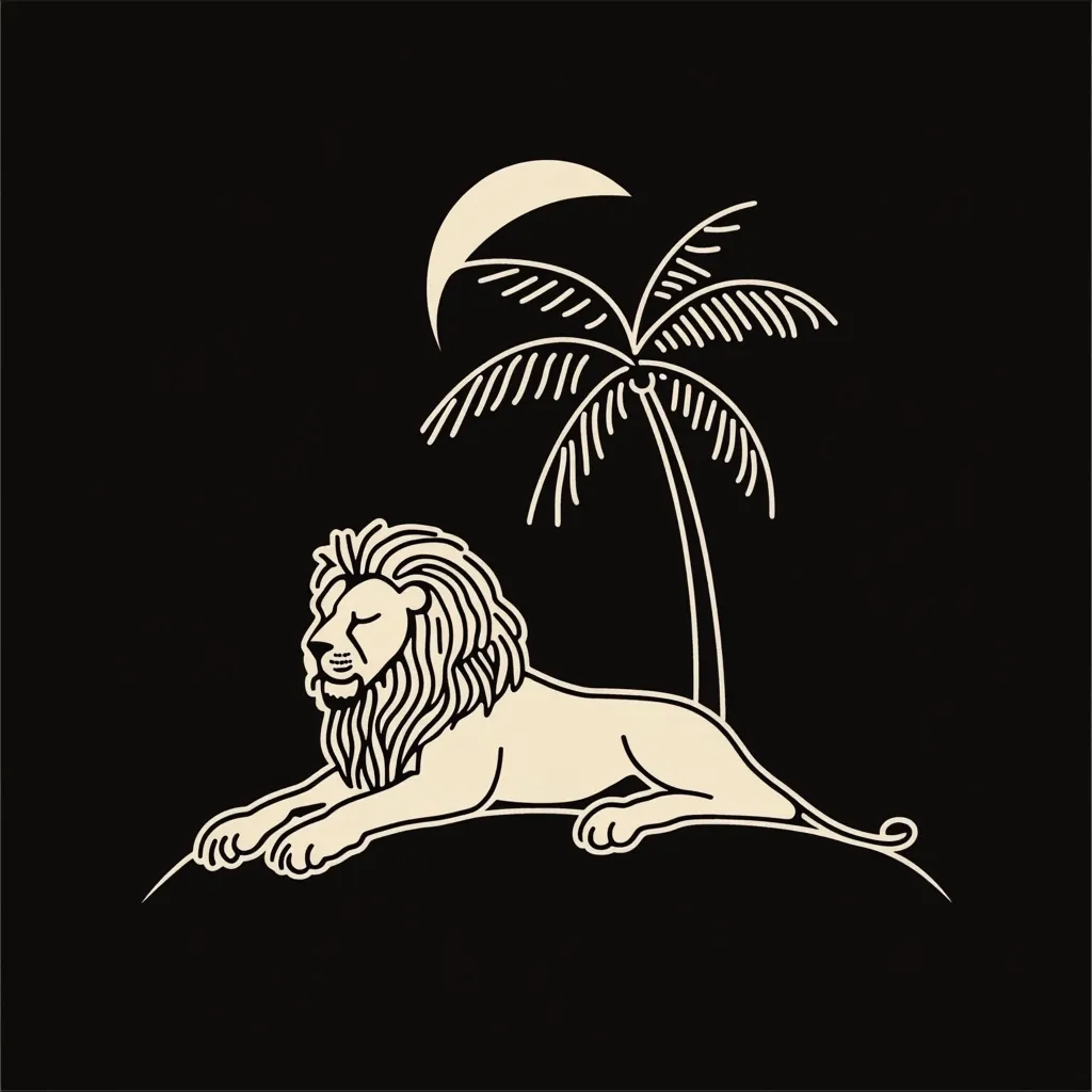 A stylized line drawing depicts a lion resting peacefully under a palm tree at night. The crescent moon hangs in the dark sky above.  The lion is rendered in a cream color against a black background, creating a minimalist and elegant design. The image evokes a sense of tranquility and the wild beauty of nature.
