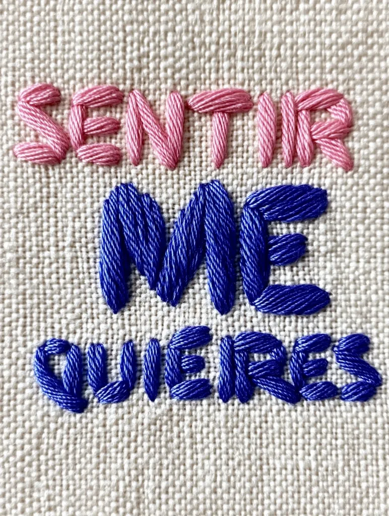 This textile art piece features the Spanish phrase "sentir me quieres," meaning "I feel you want me," embroidered in pink and blue thread onto a beige fabric background.  The words are stitched using a simple, consistent style.  The contrast between the thread colors and the fabric creates a visually appealing and heartfelt message.