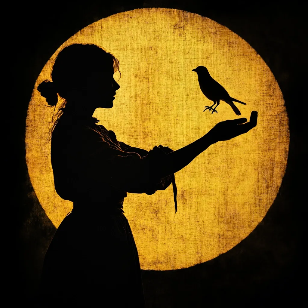 A silhouette of a woman, her hair pulled back, stands before a large, golden, textured circle reminiscent of a sun or moon.  She holds out her hand to a small bird perched on her palm. The dark, dramatic lighting enhances the contrast between the woman's form and the bright background, creating a mystical and serene atmosphere. The image evokes a sense of quiet connection between nature and humanity.