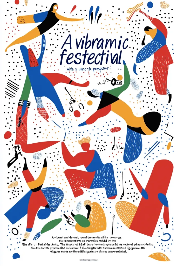 A vibrant and dynamic poster announces a "Vibramic Festectival" with a unique perspective.  Colorful, abstract figures dance across a white background dotted with small shapes.  The design is lively and energetic, reflecting the festival's theme. The figures are stylized and expressive, creating a sense of movement and celebration.