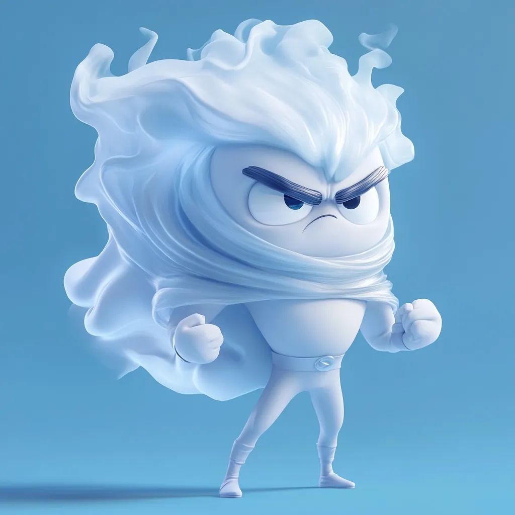 A stylized 3D rendering depicts a small, white, superhero-like character.  The figure has a rounded head, angry expression, and a flowing, cape-like element resembling stylized snow or ice.  It stands in a powerful pose, fists clenched, against a light blue background, suggesting a cold or icy power. The character's design is smooth and cartoonish, with a focus on simplicity and expressive features.