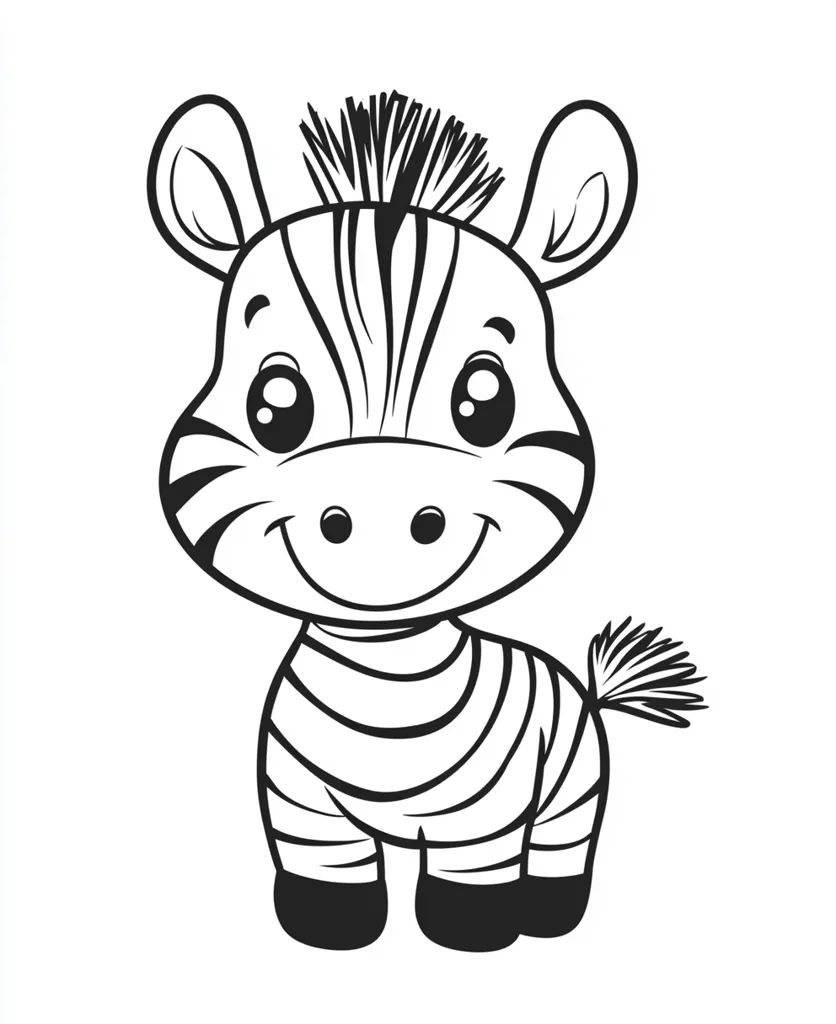 A cute cartoon zebra is depicted in a black and white outline style.  Its large, expressive eyes and small, smiling mouth give it a friendly and adorable appearance. The zebra's stripes are clearly defined, and its small tail is slightly bushy. The overall style is simplistic and charming, suitable for children's illustrations or coloring pages.