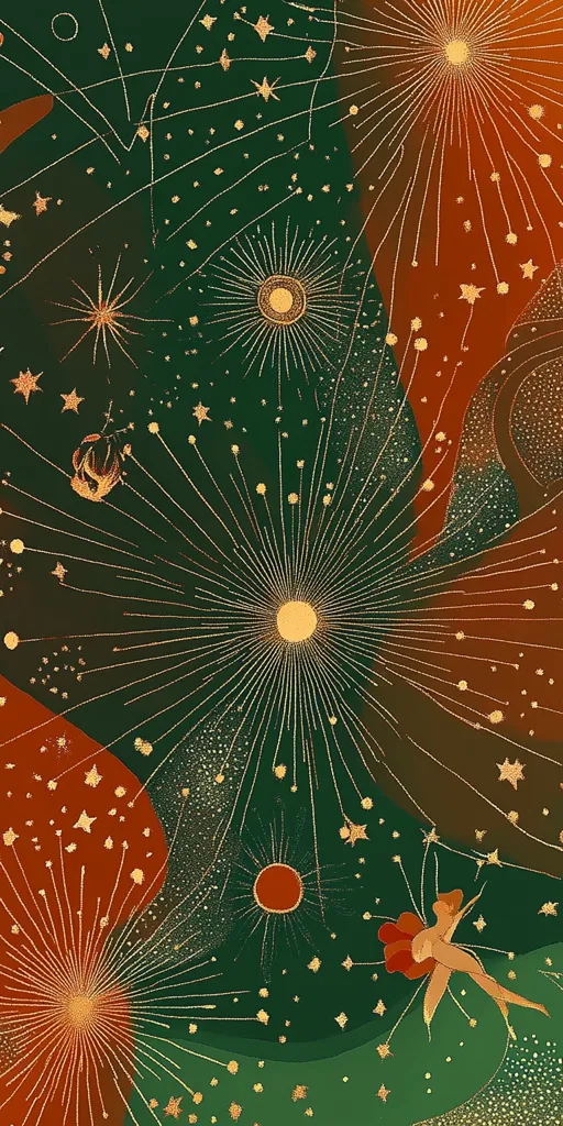 A whimsical illustration features a celestial scene in rich green and burnt orange hues.  Gold-toned stars, suns, and radiating lines create a sense of movement and cosmic energy.  A stylized fairy figure dances amidst the glittering constellations, adding a touch of magical fantasy to the otherworldly backdrop.  The overall aesthetic is both elegant and dreamlike.
