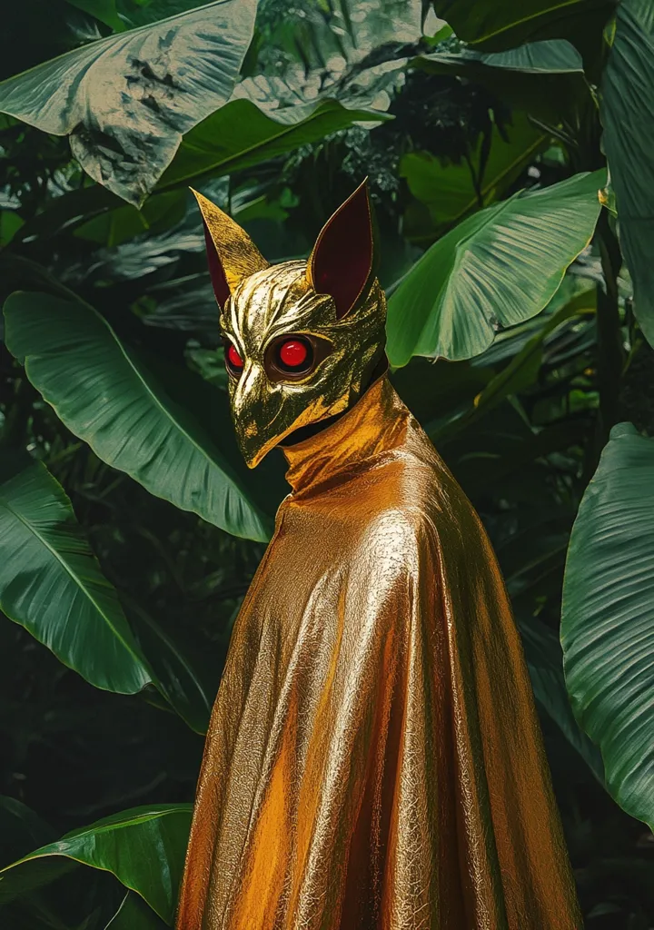 A figure cloaked in gold fabric stands amidst lush green foliage.  The figure wears a striking gold mask resembling a stylized canine or feline head, featuring prominent red eyes. The overall effect is one of mystery and otherworldly elegance, contrasting the metallic gold with the vibrant natural setting. The image is evocative and visually striking.