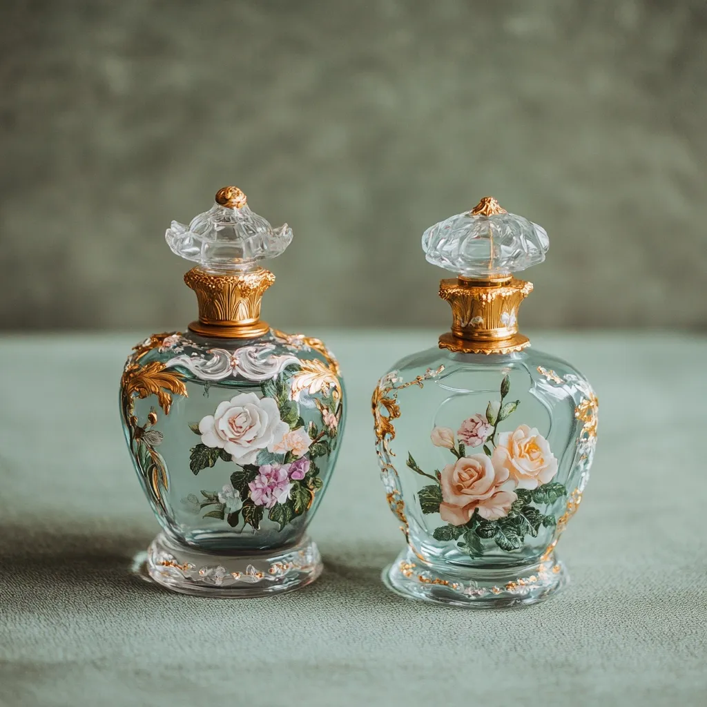 Two exquisite perfume bottles, adorned with delicate hand-painted roses and gold accents, rest on a sage green surface.  The glass bottles have ornate, crystal stoppers and bases, showcasing a vintage, elegant aesthetic.  The floral details are meticulously rendered, adding to their luxurious appearance.  They appear to be antique or vintage-inspired, with a timeless charm.