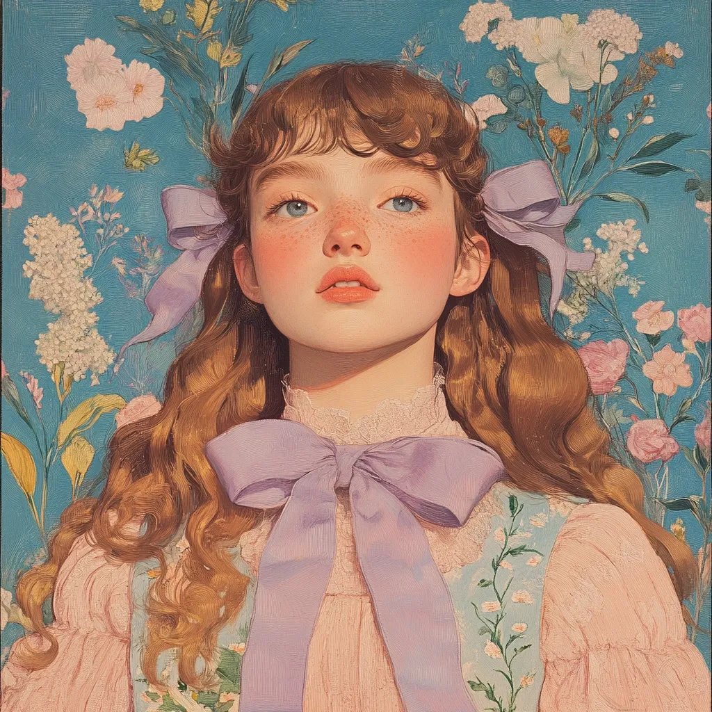 A portrait of a young girl with long, wavy blonde hair adorned with lavender bows.  She wears a pale pink dress embroidered with delicate flowers, set against a vibrant teal background teeming with a variety of blossoms.  Her expression is serene, and her rosy cheeks and light eyes contribute to a soft, ethereal beauty. The painting style is reminiscent of classical portraiture with a modern, painterly touch.