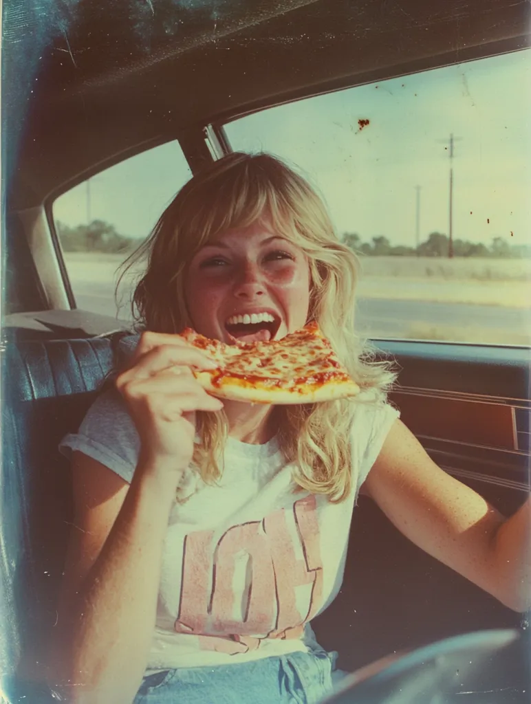 A blonde woman with a joyful expression sits in a vintage car, happily biting into a large slice of pizza.  She's wearing a white t-shirt with a faded graphic and denim shorts. The sunlit road outside the car window suggests a road trip. The image has a nostalgic, retro feel, reminiscent of 70s or 80s photography.