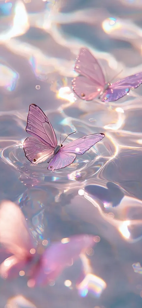 Delicate lilac butterflies float on iridescent water, their wings translucent and shimmering.  The light reflects and refracts, creating a dreamy, ethereal atmosphere.  Soft focus and bokeh effects enhance the whimsical, almost magical quality of the scene.  Other blurry butterfly shapes are visible, adding to the overall sense of enchantment.