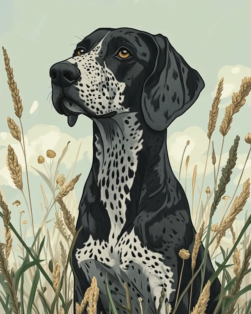 A detailed illustration showcases a black and white speckled dog, possibly a pointer, sitting amidst tall grasses.  The dog's gaze is directed upward, and its coat is meticulously rendered, highlighting the individual spots.  The background is a muted pastel sky with subtle clouds, creating a serene and naturalistic setting. The style is reminiscent of botanical illustration, blending realism with artistic interpretation.