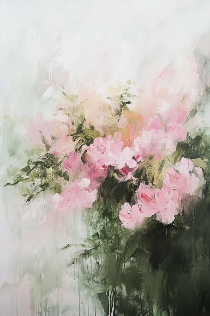 An abstract painting depicts a profusion of pale pink blossoms amidst muted greens.  Loose brushstrokes create a dreamy, ethereal atmosphere. The flowers are not realistically rendered, but suggest a bouquet or garden scene.  The background is a soft, light gray, enhancing the delicate beauty of the floral elements.  The overall effect is serene and romantic.