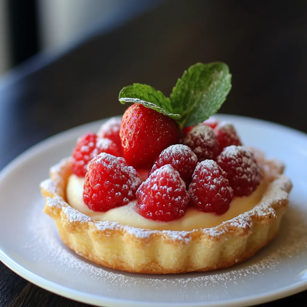 A delectable tartlet is presented, adorned with fresh raspberries and a single strawberry, all dusted with powdered sugar. A sprig of mint adds a touch of freshness.  The pastry crust is golden brown and flaky, cradling a creamy, likely custard, filling. The dessert sits on a pristine white plate, ready to be enjoyed.