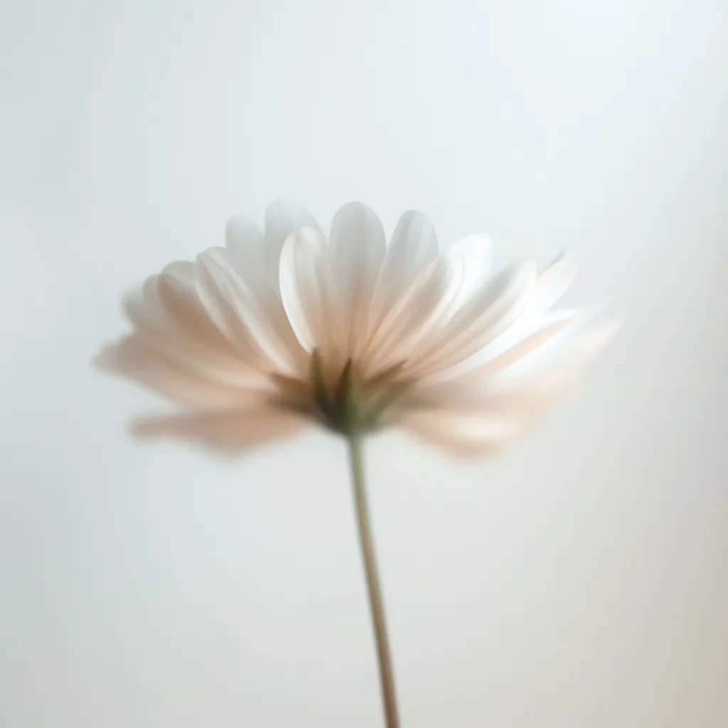 A soft-focus image showcases a delicate, pale-hued flower, possibly a daisy or chrysanthemum, viewed from below. Its petals are softly blurred, creating a dreamy, ethereal effect against a muted, light-grey background. The slender stem extends upwards, leading the eye through the image's gentle composition. The overall impression is one of serenity and quiet beauty.
