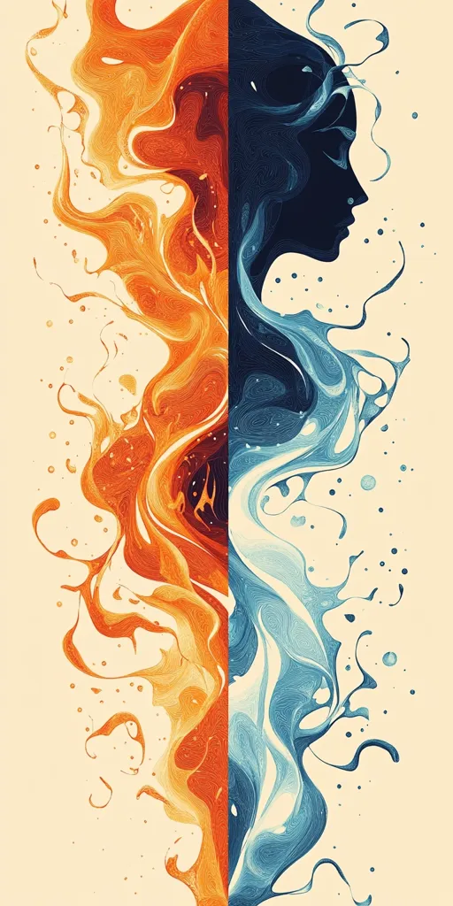 The artwork depicts a stylized female profile, divided into two contrasting halves. One side is a vibrant, swirling orange reminiscent of fire, while the other is cool, flowing blue, suggesting water or ice.  The contrasting colors and textures create a compelling visual representation of duality or opposing forces, possibly representing contrasting personality traits or inner conflict. The overall style is abstract and fluid, with a painterly effect.