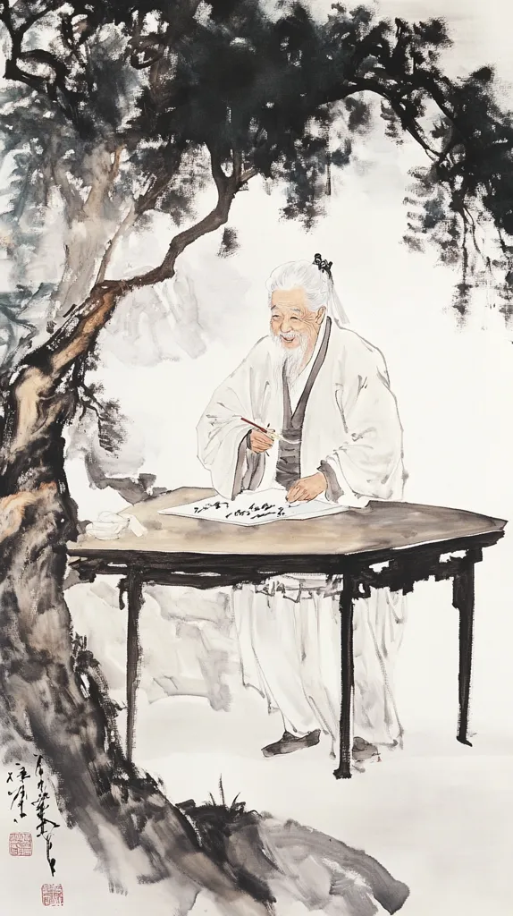 A serene ink wash painting depicts an elderly man, his white hair gathered in a bun, seated at a low table.  He's dressed in flowing white robes and smiles gently as he holds a brush, seemingly engrossed in calligraphy on a scroll spread before him.  A large, gnarled tree provides shade in the background, enhancing the tranquil atmosphere of the scene. The style suggests traditional East Asian art.