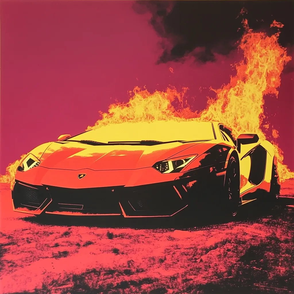 A vibrant, stylized artwork depicts a red Lamborghini Aventador engulfed in flames.  The car's silhouette is sharp against a backdrop of fiery oranges and yellows, set against a deep magenta sky. The image has a bold, graphic quality, almost poster-like in its stark contrast and color choices. The flames appear to erupt from behind the car, adding to the dramatic effect.