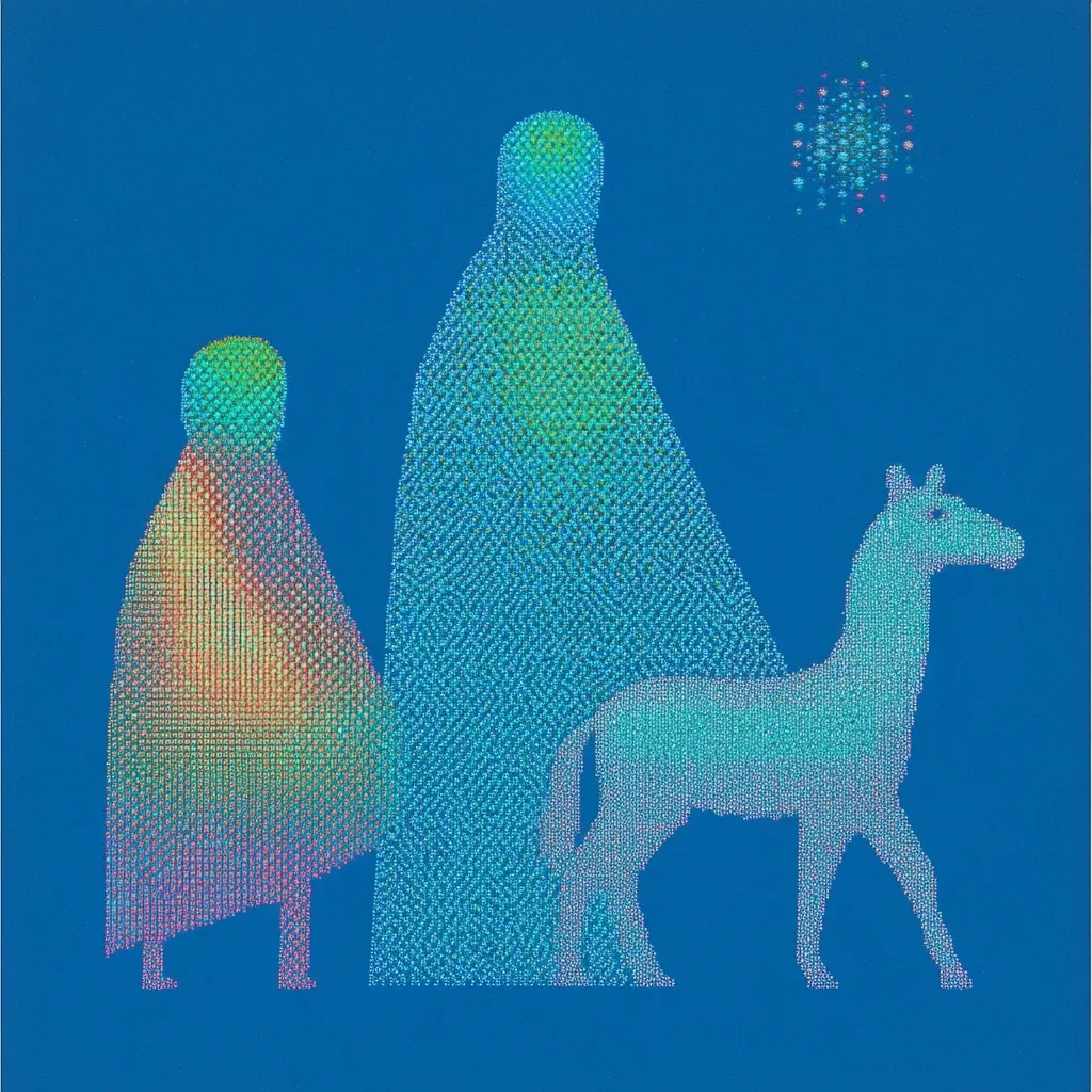 An abstract pointillist artwork depicts a stylized nativity scene against a deep blue background.  Two cloaked figures, one larger than the other, stand alongside a small animal, possibly a llama or donkey.  A cluster of multicolored dots, resembling fireworks, is situated in the upper right corner. The figures and animal are rendered in varying shades of teal, blue, and rainbow hues.