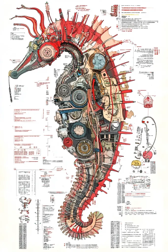 A detailed cross-section illustration of a steampunk seahorse reveals intricate internal mechanisms.  Gears, pipes, and other mechanical components are meticulously rendered, giving the impression of a complex clockwork creature.  Surrounding diagrams and annotations in a foreign language likely provide technical specifications or a parts list, enhancing the blueprint-like quality of the artwork. The overall style is reminiscent of technical drawings and fantastical engineering.