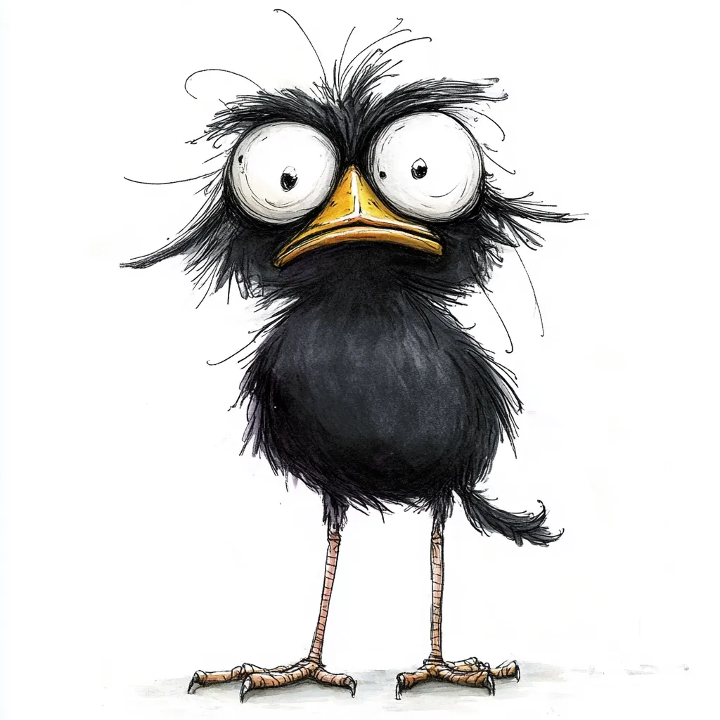 A whimsical illustration of a cartoon bird.  The bird is black with exaggerated features: large, wide eyes, a small orange beak, and spiky, unruly feathers. Its long, thin legs and clawed feet add to its quirky character. The overall style is expressive and slightly comical, with a focus on creating a playful, unique personality.
