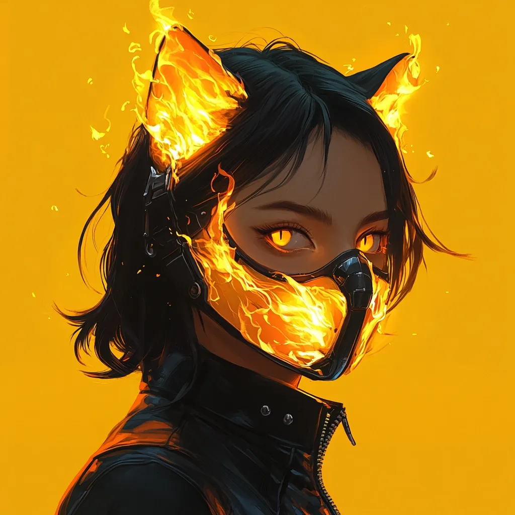 A stylized female character with short dark hair is depicted against a vibrant yellow backdrop.  She wears a futuristic, black mask engulfed in fiery orange flames, which also extend into stylized, flaming cat ears.  Her eyes glow with an intense amber light, enhancing her fierce and enigmatic expression. The artwork is digitally rendered with a focus on detail and bold color contrast.
