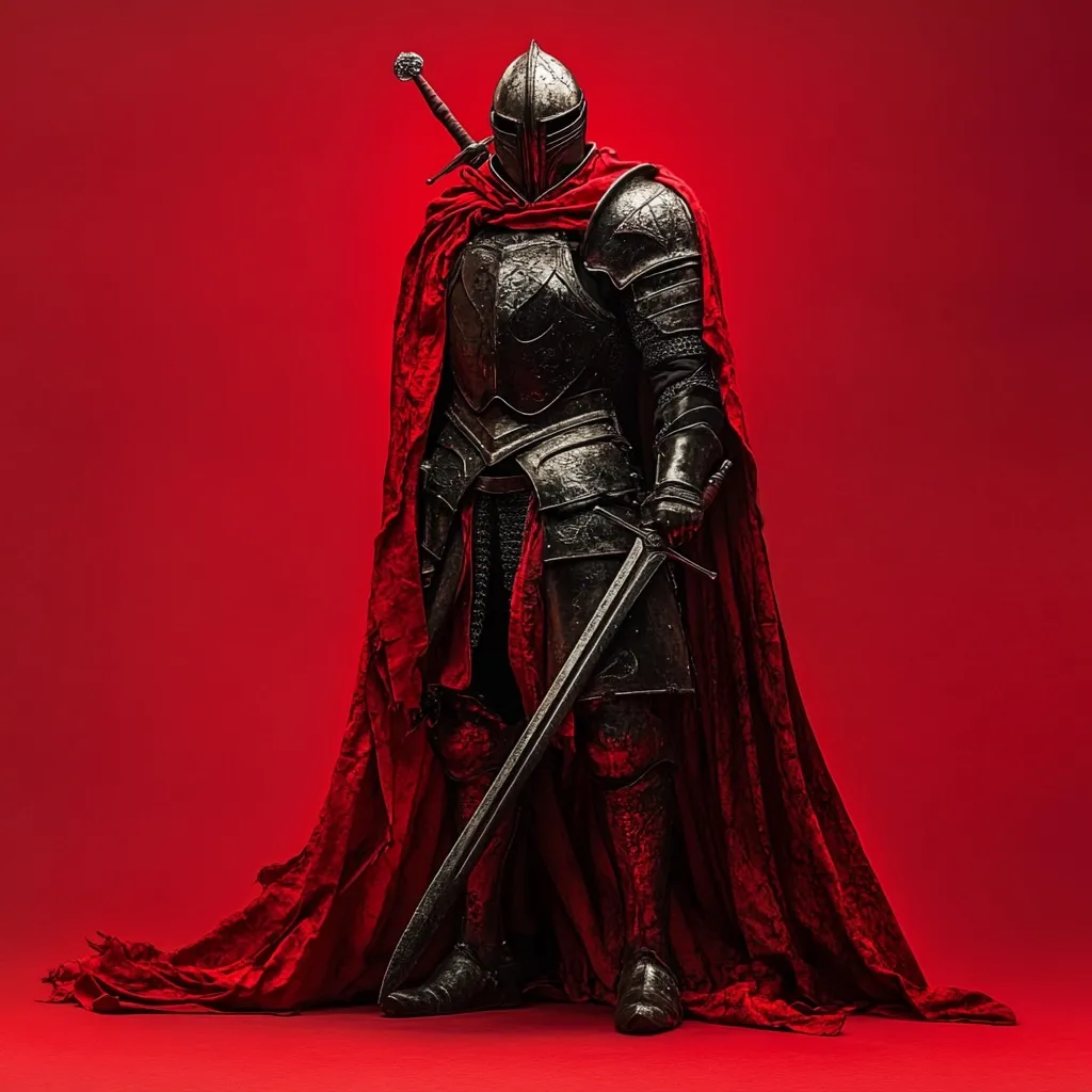 A knight in full black plate armor stands against a vibrant red backdrop.  He is cloaked in a flowing crimson cape, and holds a large, ornate sword. The armor shows signs of wear, adding to the dramatic and imposing figure. The image's stark contrast creates a powerful, visually striking scene.