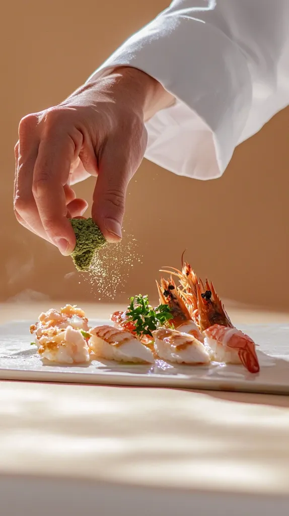 A chef's hand sprinkles a green powder, likely a spice or seasoning, over a meticulously arranged plate of seafood.  The dish features grilled shrimp and scallops, artfully presented on a white rectangular plate. The setting is elegant and minimalist, with warm, natural light illuminating the scene. The chef's white uniform emphasizes the clean and refined presentation of the food.
