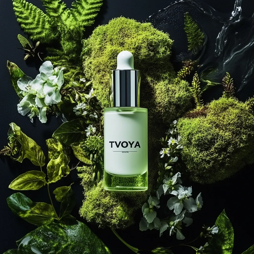 A bottle of TVOYA Origins serum rests on a bed of vibrant green moss and delicate white flowers. The sleek, minimalist bottle, with its silver cap and light green base, contrasts beautifully with the lush greenery. The dark background emphasizes the product's natural and elegant aesthetic. The overall image evokes a sense of purity, nature, and high-end skincare.